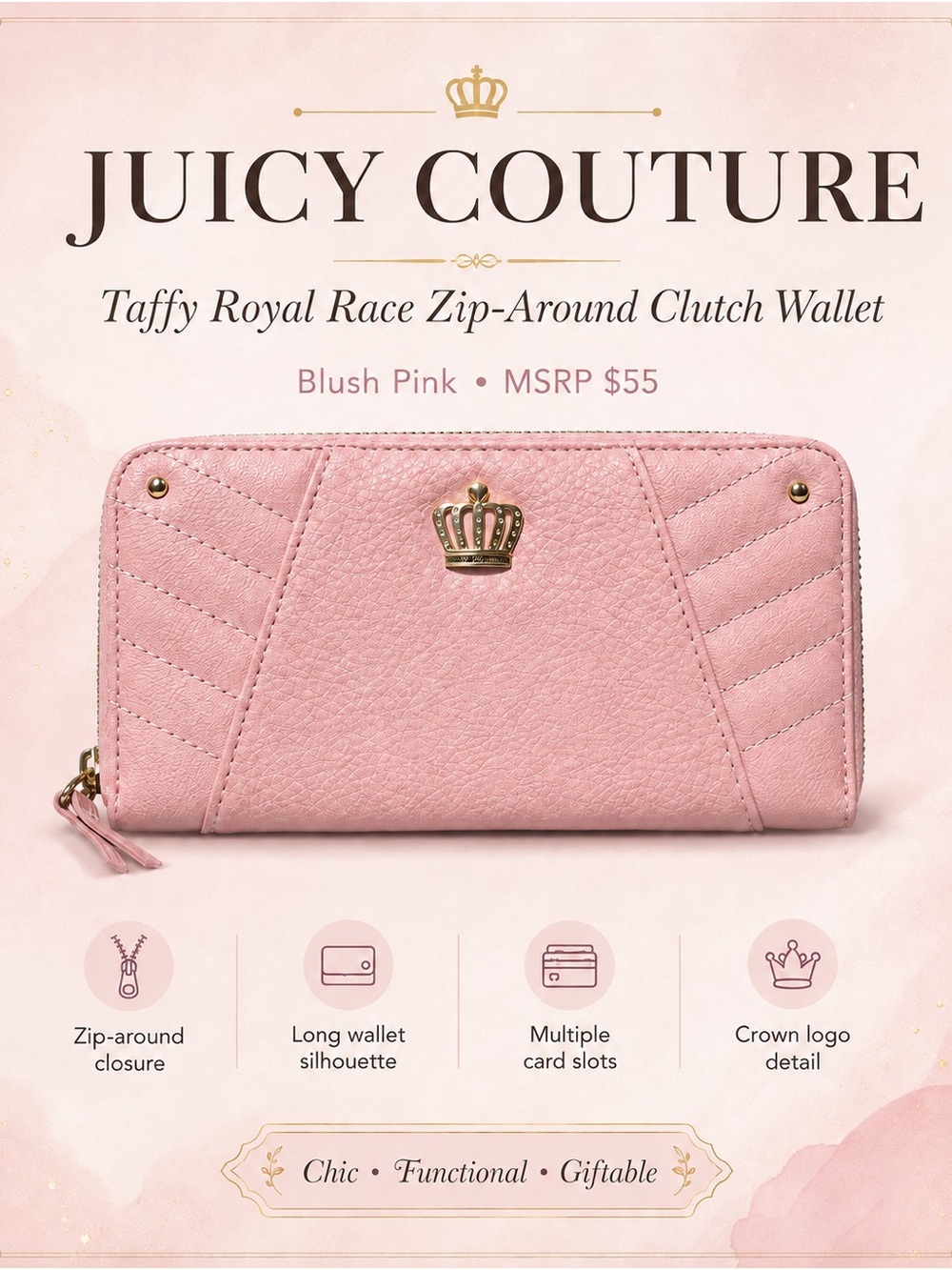 Juicy Couture Pink Zip-Around Wallet with Gold Crown